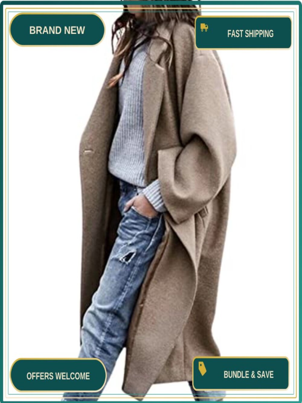 Oversized Wool Blend Notch Collar Midi Trench Coat Loose Fit